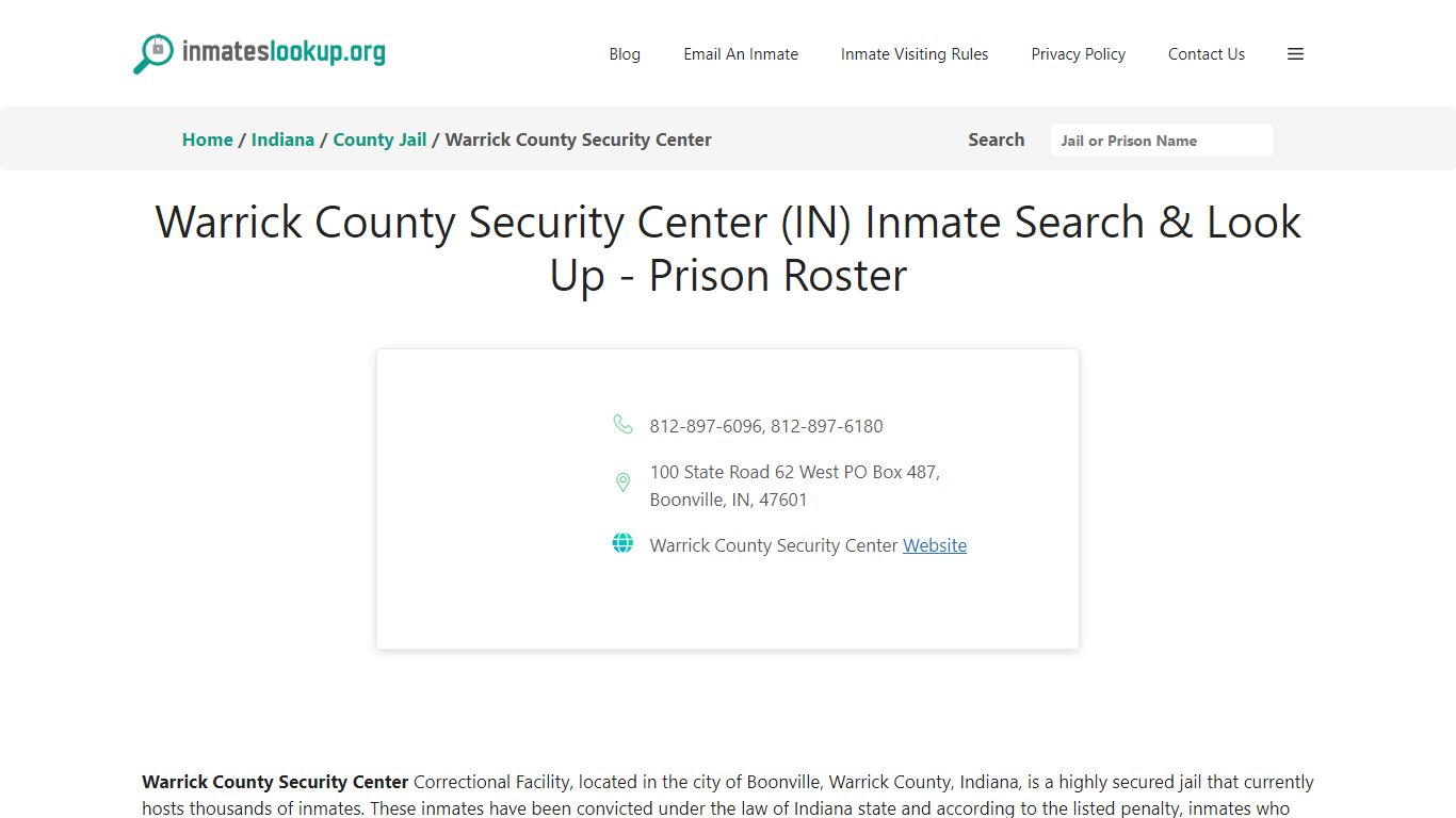 Warrick County Security Center (IN) Inmate Search & Look Up - Prison Roster